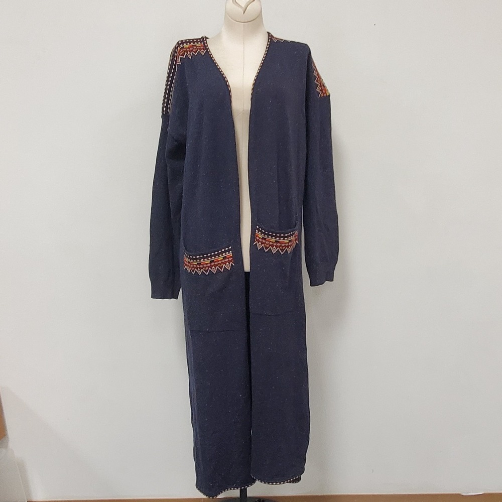 Soft Surroundings Womens Long Sleeve Aztec Duster Cardigan Size XL Blue Pockets